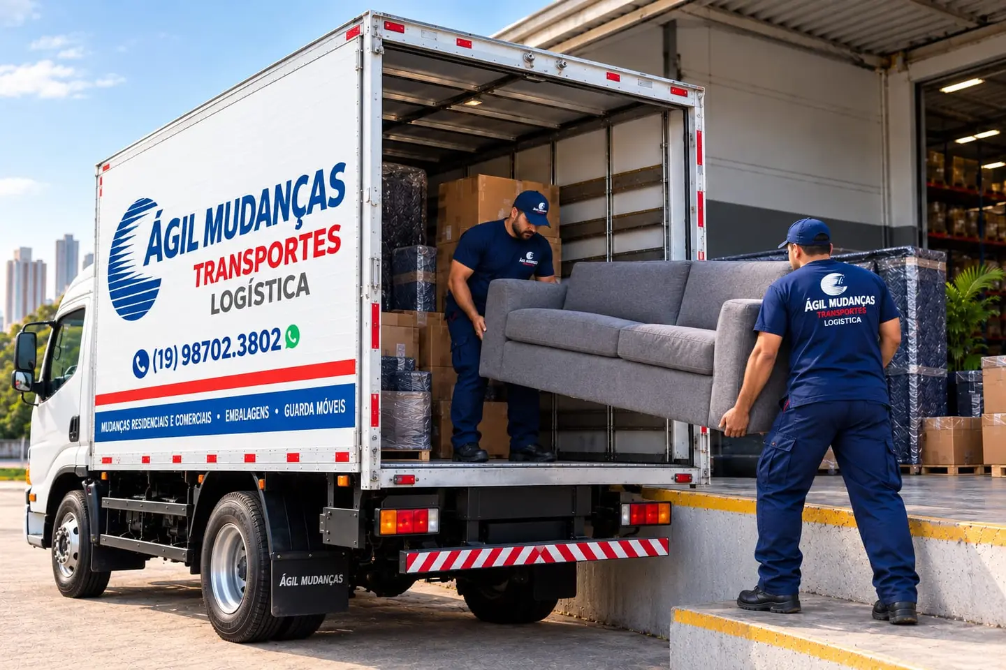 Equipe e caminhão da Ágil Mudanças em operação